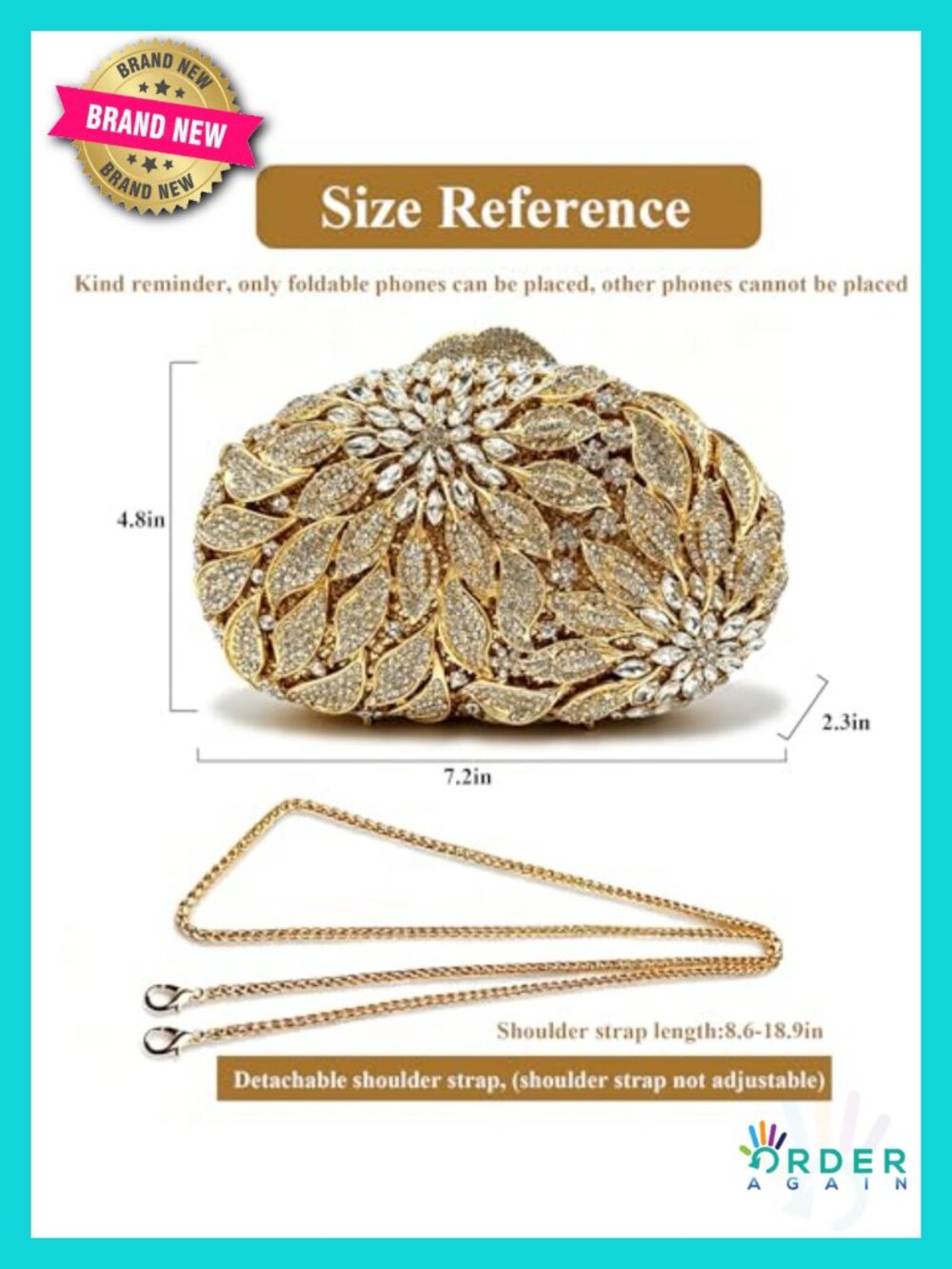 Luxury Handcrafted Rhinestone Clutch Purse Evening Bag Crystal Bridal Prom - Picture 3 of 6
